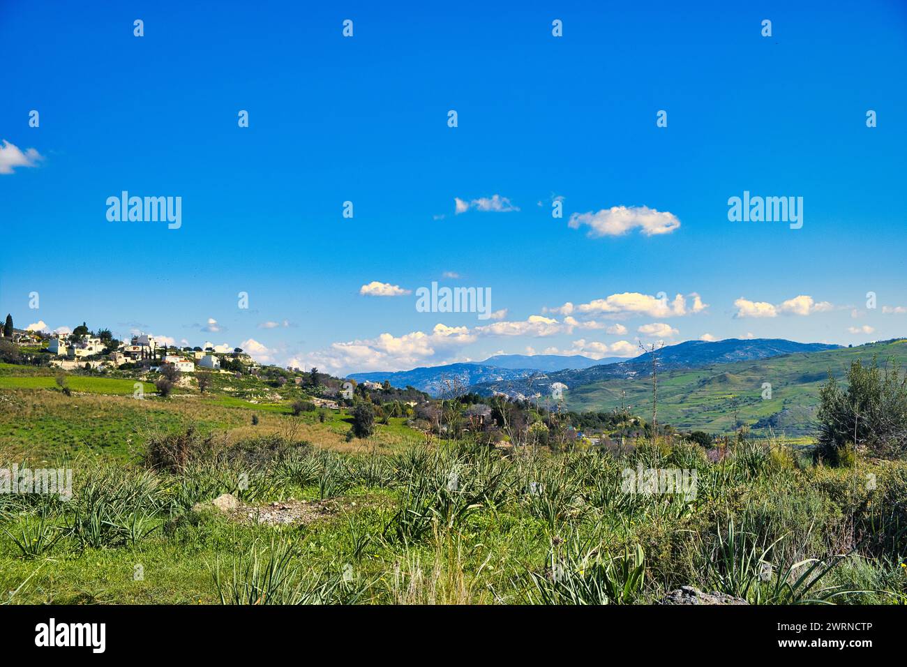 Paysage avec des champs verdoyants, des montagnes et un village près de Nata, district de Paphos (Pafos), Chypre, par une journée ensoleillée Banque D'Images