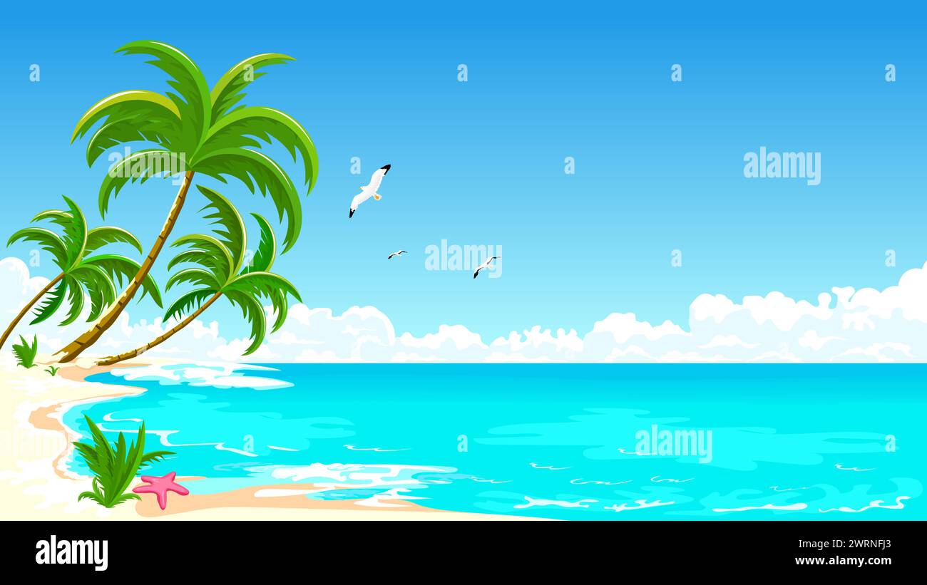 Paysage tropical marin. Plage de sable avec palmiers. Côte avec palmiers, ciel bleu et nuages blancs. Palmiers sur fond de se Illustration de Vecteur