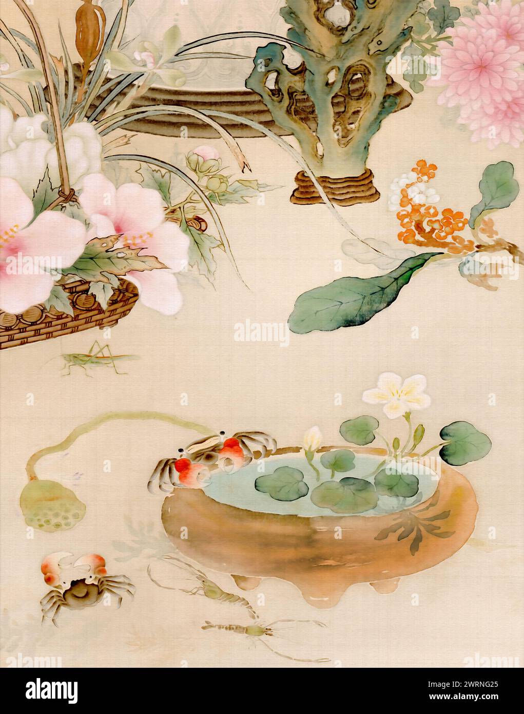 Magnifique motif floral oriental avec de charmants crabes et un homard. Cette illustration fabriquée numériquement met en valeur des tons pastel doux avec une texture Banque D'Images