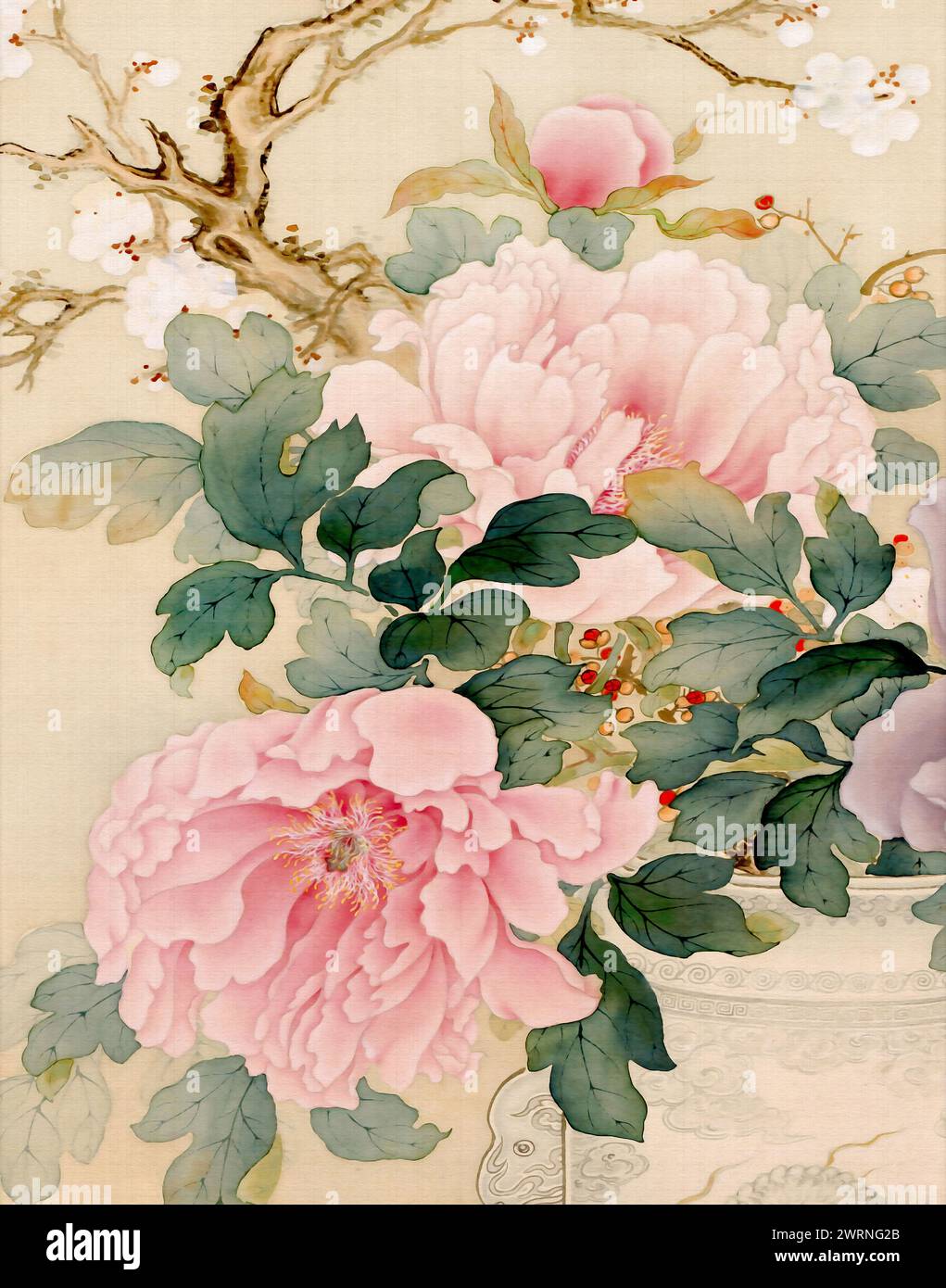 Motif floral oriental exquis. C'est une illustration numérique réalisée dans des tons pastel doux, avec un fond textile texturé, le tout dans l'élégance Banque D'Images
