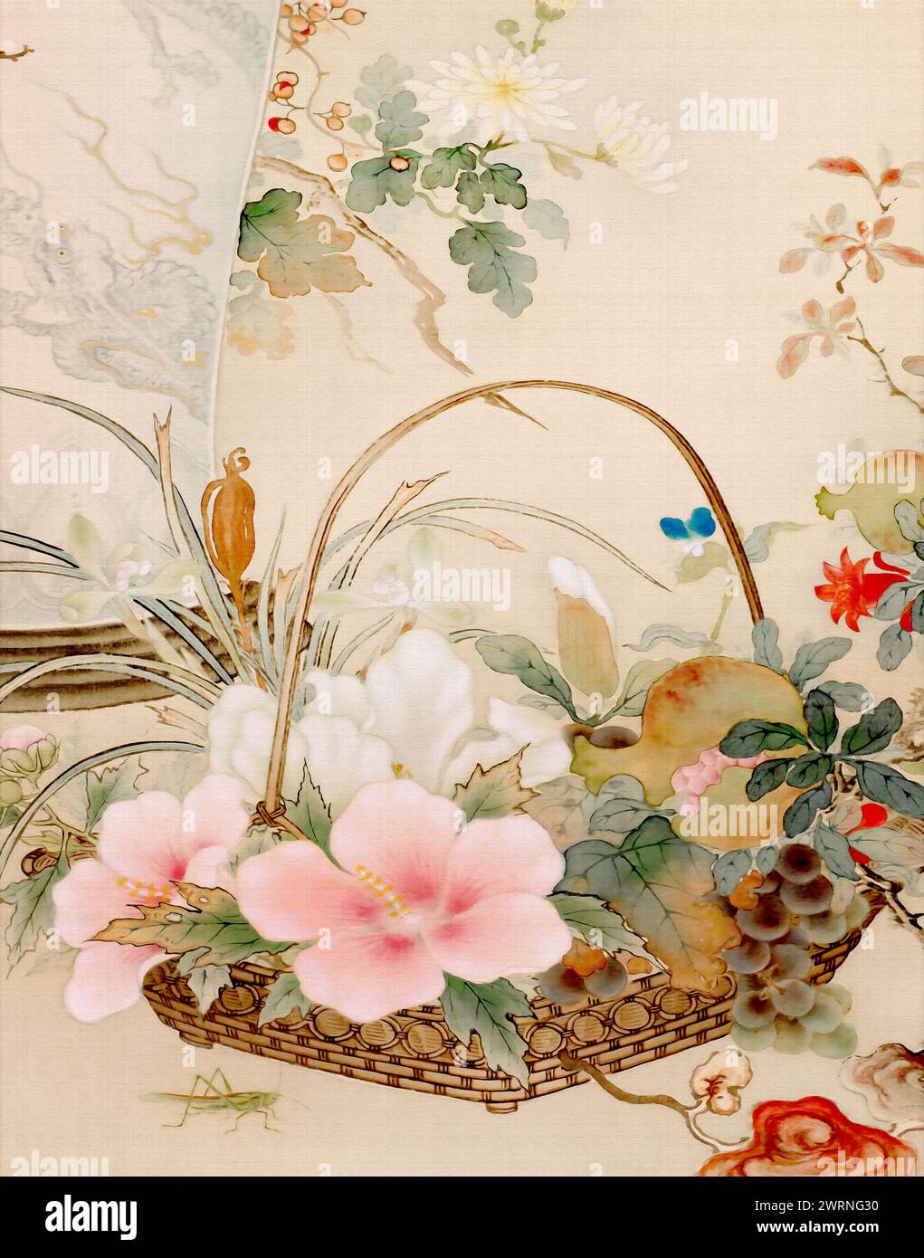 Motif floral oriental exquis. C'est une illustration numérique réalisée dans des tons pastel doux, avec un fond textile texturé, le tout dans l'élégance Banque D'Images