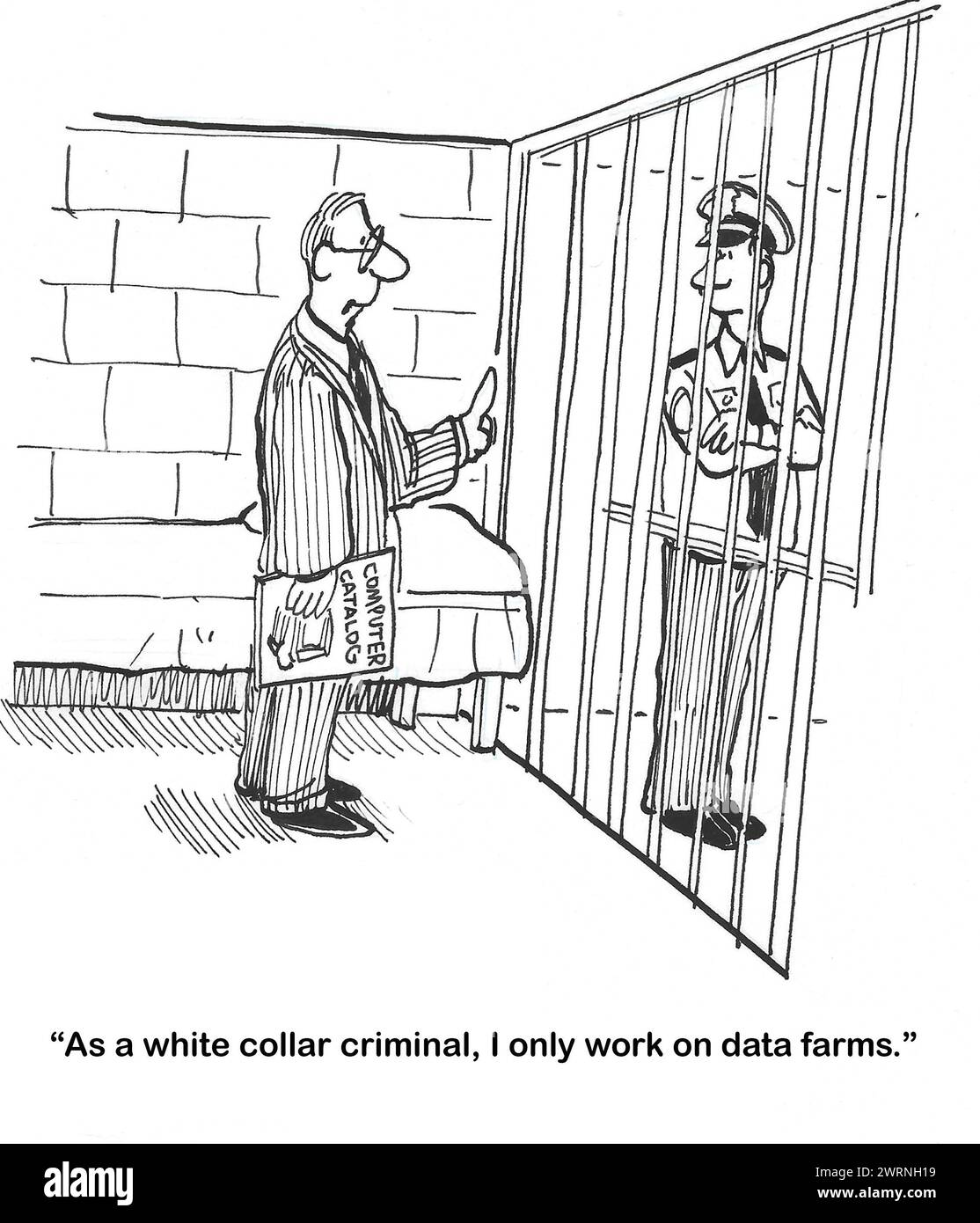 Bande dessinée BW d'un homme professionnel mis en prison en col blanc. Il informe le policier qu'il travaille uniquement sur des fermes de données. Banque D'Images