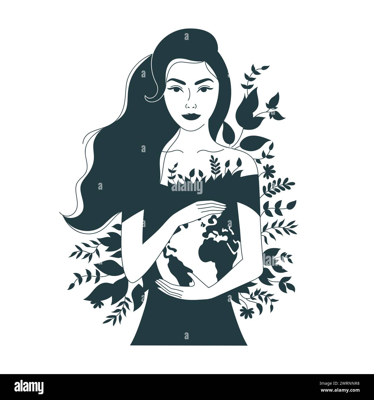 Femme tenant la Terre dans ses mains avec des lignes minimalistes. Illustration de Vecteur