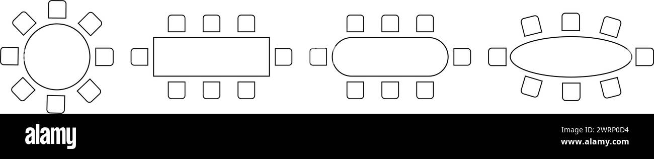 Plan d'agencement des sièges de café ou de restaurant. Icônes de table et de chaises isolées sur fond blanc. Places de travail, de réunion ou de formation professionnelle Illustration de Vecteur