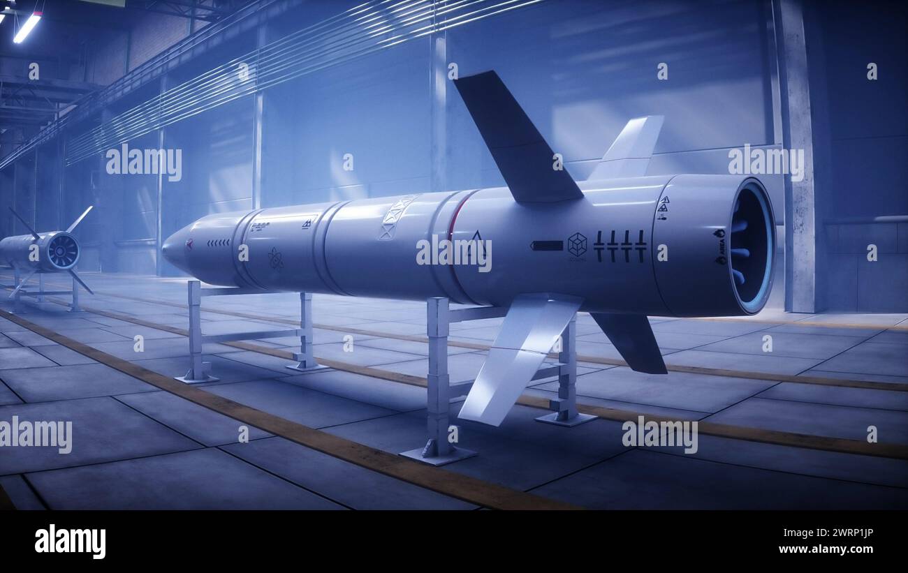 Usine de fusée tactique militaire, chaîne de production. Rendu 3D War concept. Banque D'Images