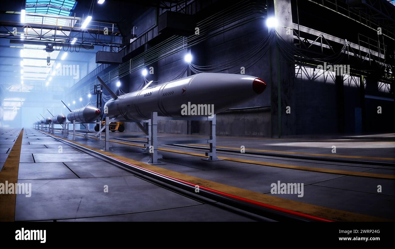 Usine de fusée tactique militaire, chaîne de production. Rendu 3D War concept. Banque D'Images