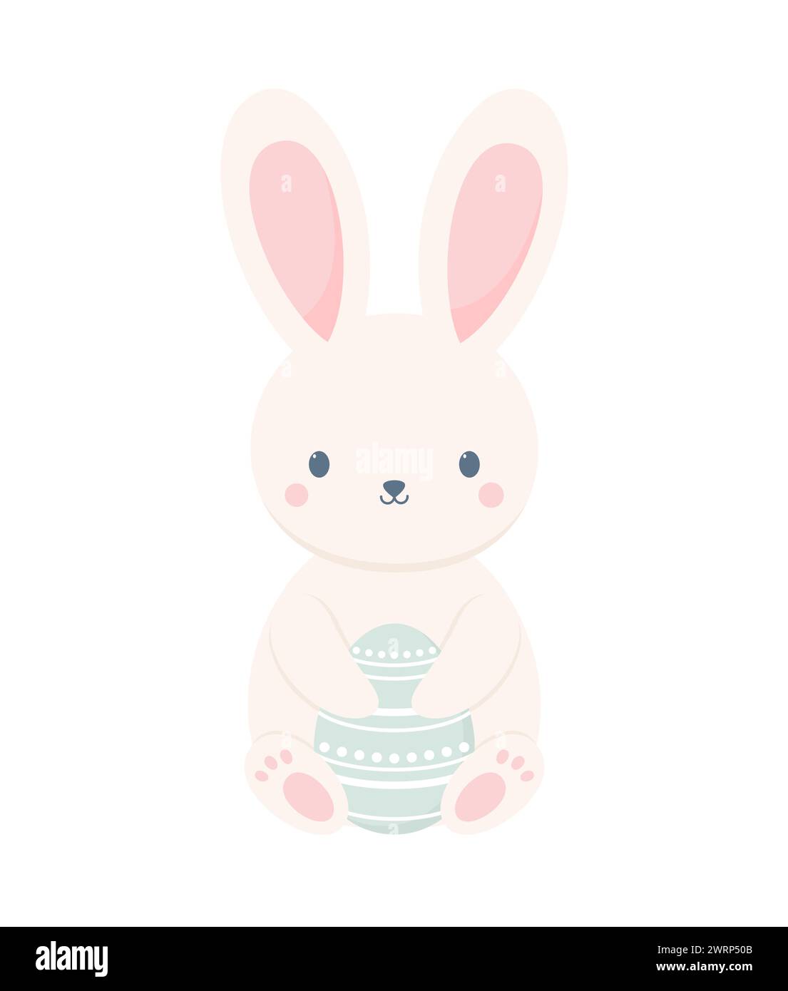 Сute lapin de Pâques assis et tenant un oeuf de Pâques dans ses pattes, isolé sur un fond blanc. Illustration vectorielle plate Illustration de Vecteur