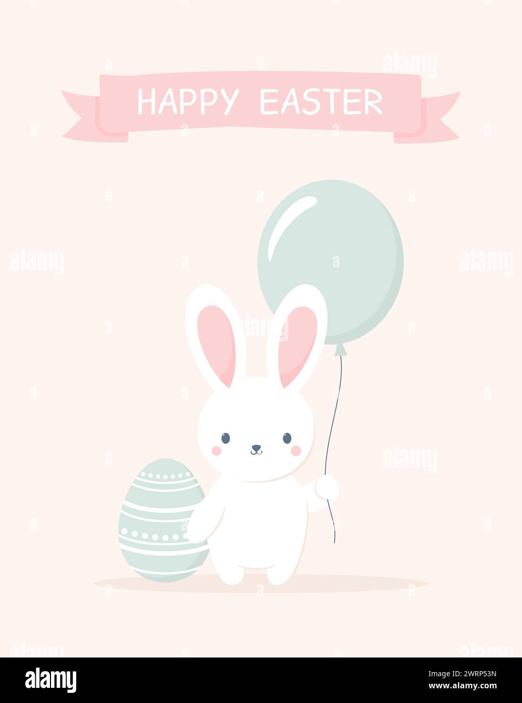 Joli lapin de Pâques avec oeuf de Pâques et ballon. Carte de voeux de Pâques. Illustration vectorielle plate Illustration de Vecteur