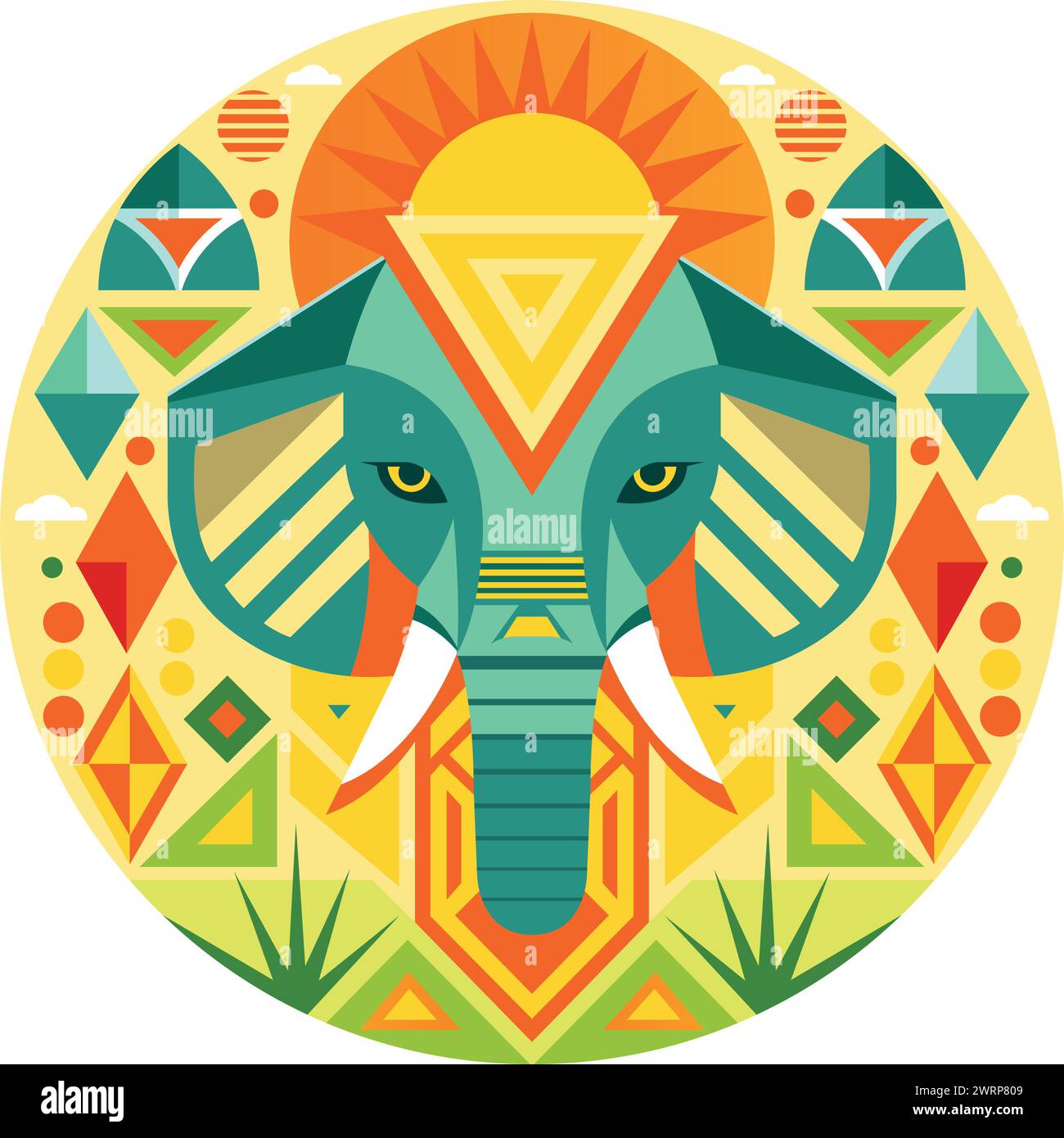 Vue avant du masque africain en forme de tête d'éléphant dans un style géométrique avec des couleurs chaudes. Image vectorielle Illustration de Vecteur