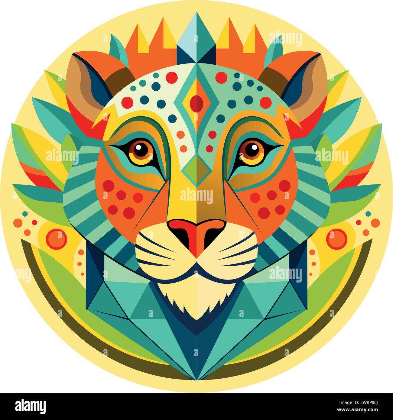 Vue avant du masque africain en forme de tête de léopard dans un style géométrique avec des couleurs chaudes. Image vectorielle Illustration de Vecteur