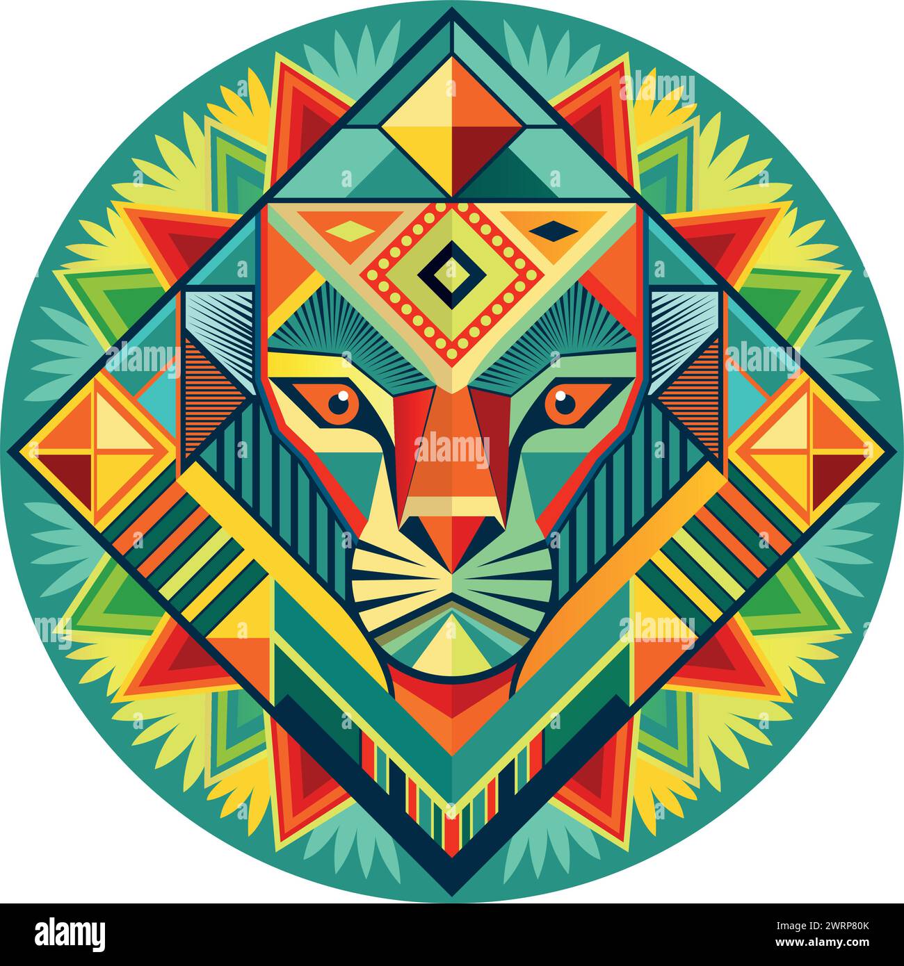 Vue de face du masque africain en forme de tête de lion dans un style géométrique avec des couleurs chaudes. Image vectorielle Illustration de Vecteur