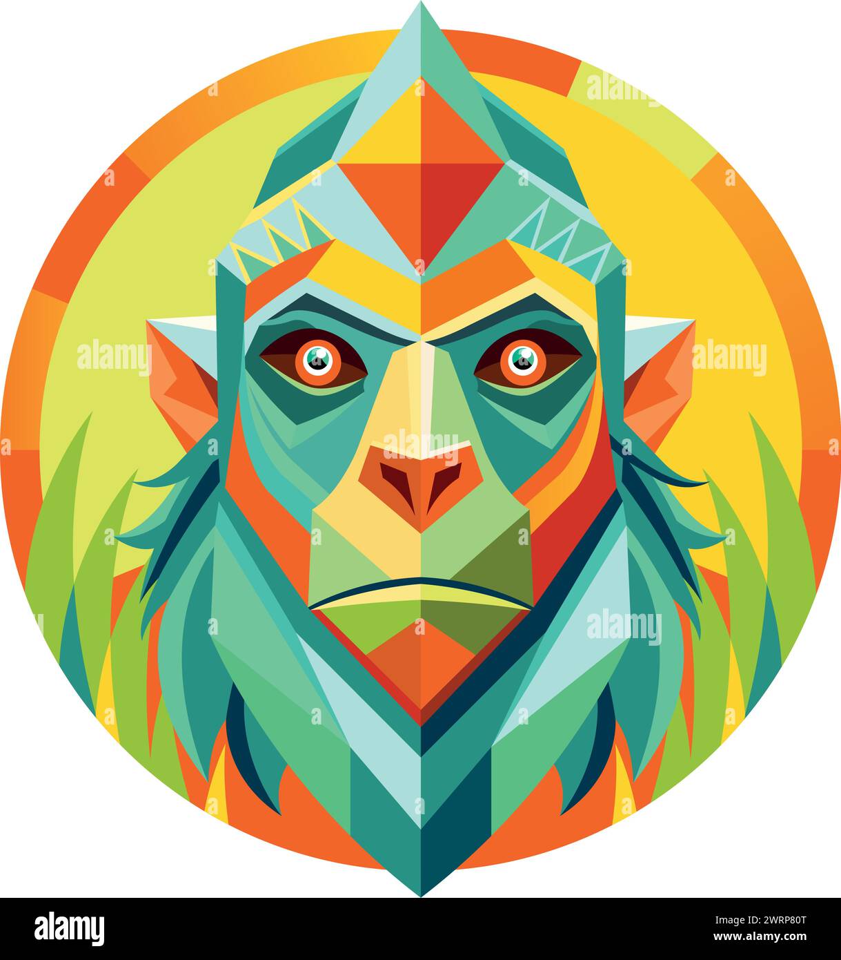 Vue de face du masque africain en forme de tête de gorille dans un style géométrique avec des couleurs chaudes. Image vectorielle Illustration de Vecteur