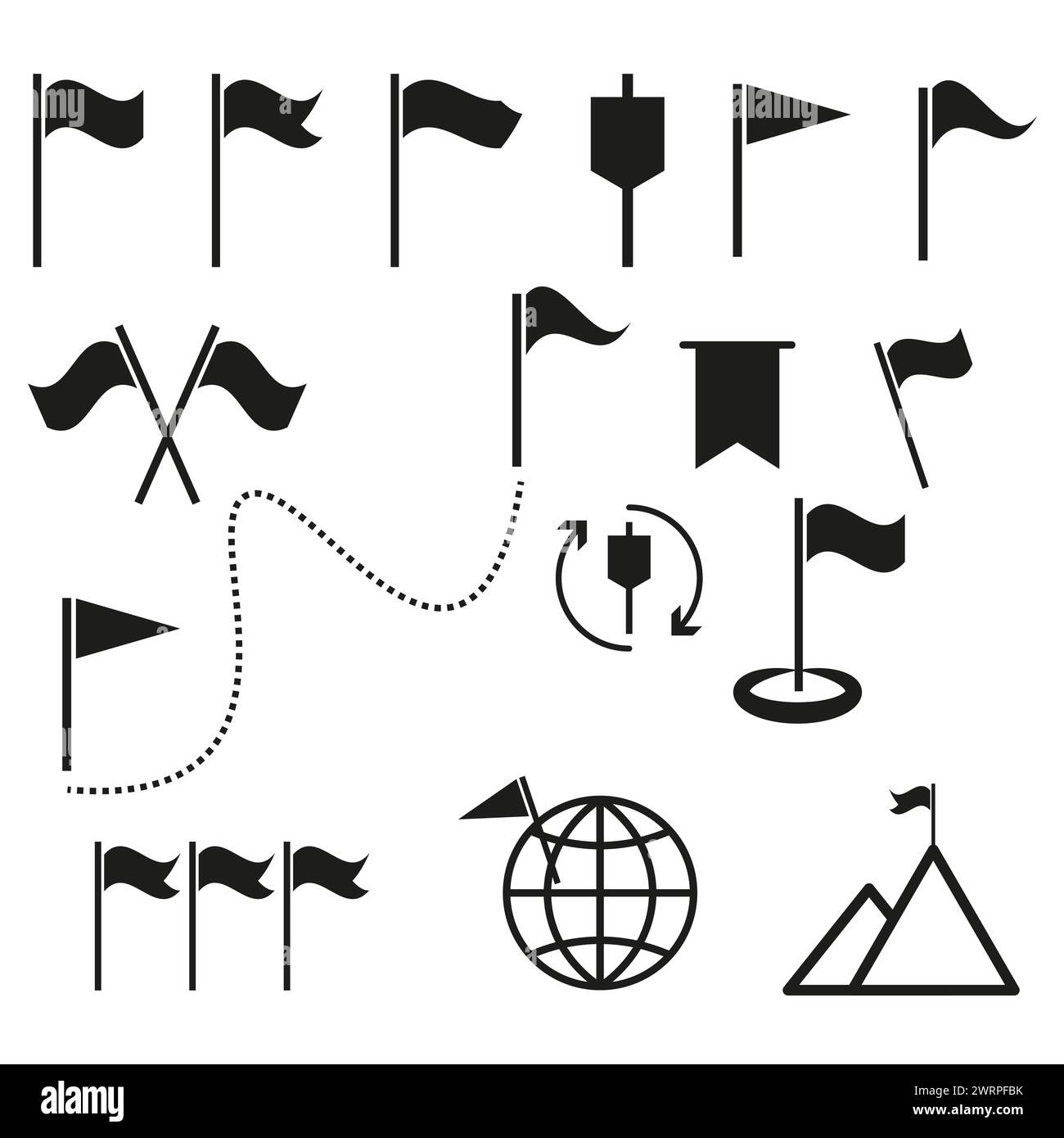 Diverses icônes de drapeau et de fanion dans un style vectoriel monochrome. Illustration vectorielle. SPE 10. Illustration de Vecteur