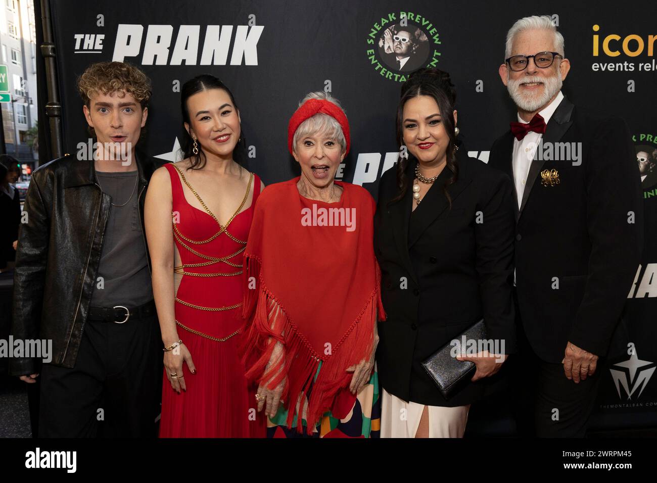 Hollywood, États-Unis. 13 mars 2024. Connor Kapopsis, Ramona Young, Rita Moreno, Maureen Bharoocha et Steven Wolf assistent à l’arrivée de la première sur tapis rouge de « The Prank » au Ricardo Montalban Theater Hollywood, CA, le 13 mars 2024. (Photo de Corine Solberg/SipaUSA) crédit : Sipa USA/Alamy Live News Banque D'Images