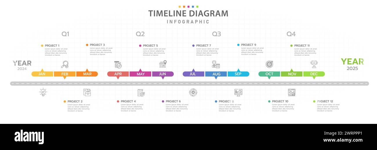 Modèle d'infographie pour les entreprises. Calendrier des diagrammes de la chronologie moderne de 12 mois, infographie des vecteurs de présentation. Illustration de Vecteur