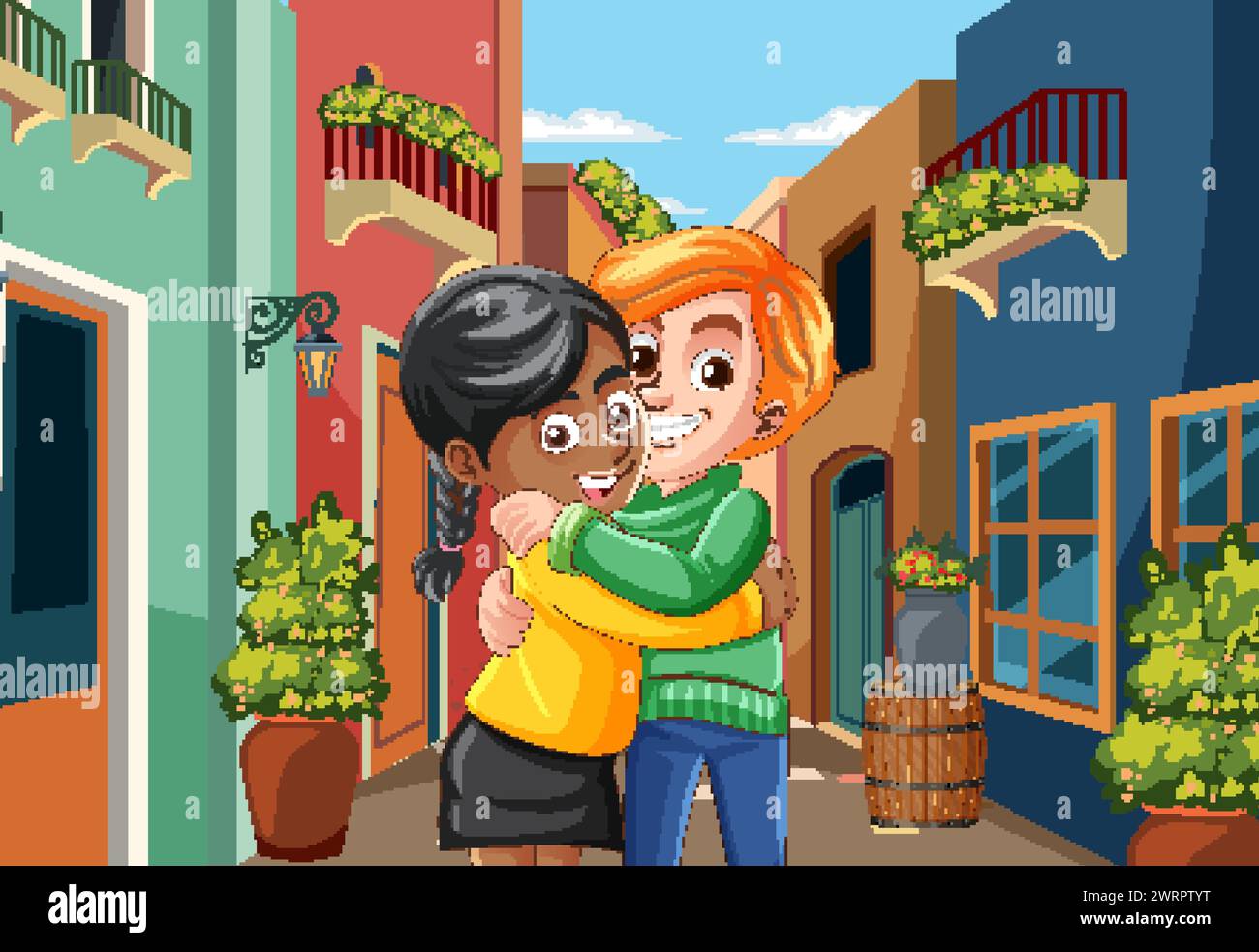 Deux personnages de dessins animés embrassant chaleureusement à l'extérieur Illustration de Vecteur