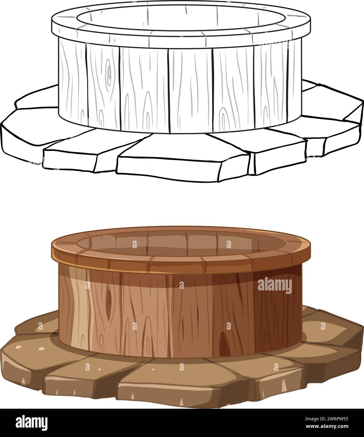 Dessin au trait et vecteur coloré d'un puits en bois. Illustration de Vecteur