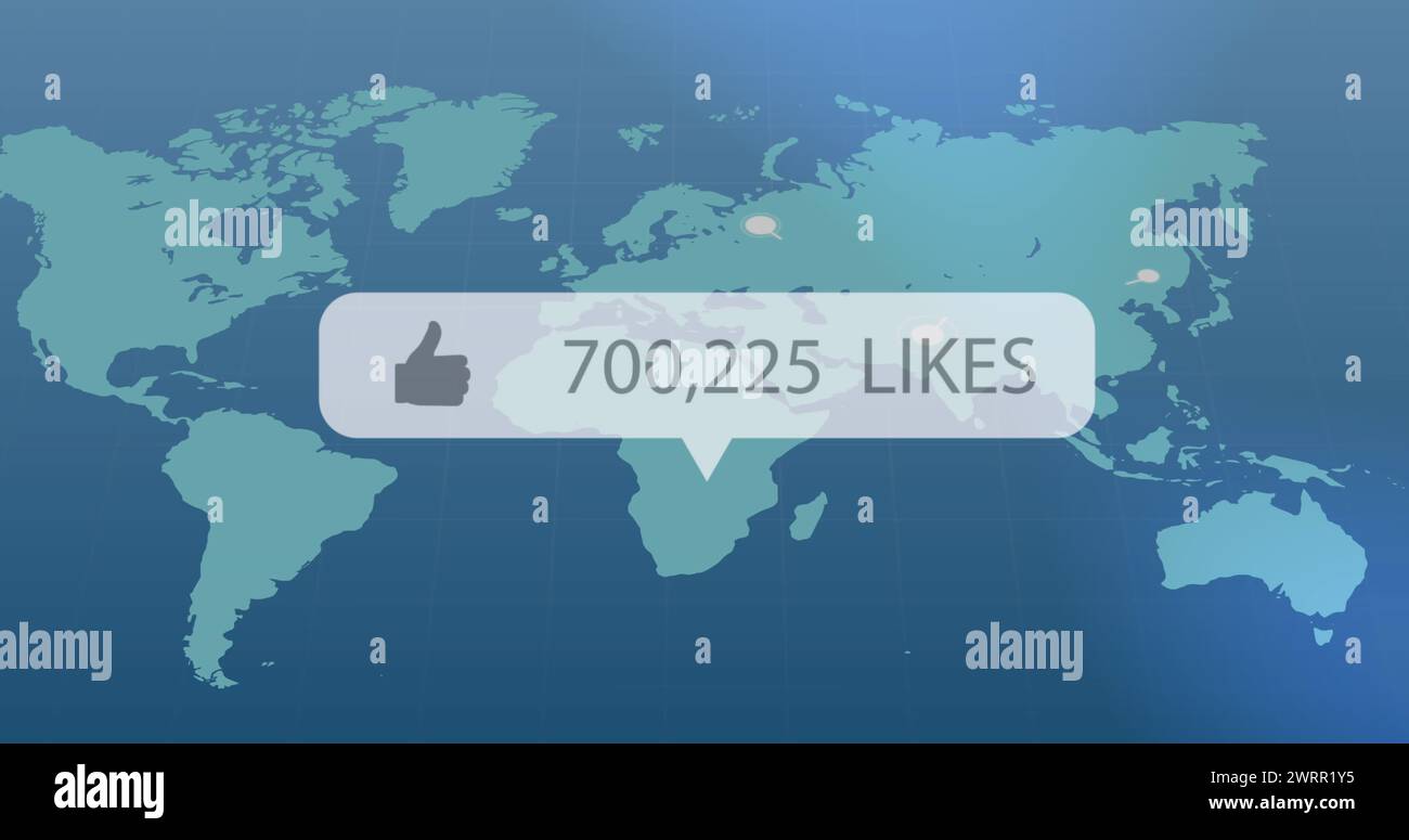 Bulle de parole avec icône pouces vers le haut avec des likes croissants contre des traînées de lumière se déplaçant sur la carte du monde Banque D'Images