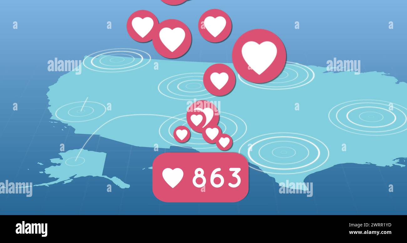 Icônes de coeur et de plus en plus aime contre les sentiers de lumière sur les cercles pulsatoires sur la carte du monde Banque D'Images