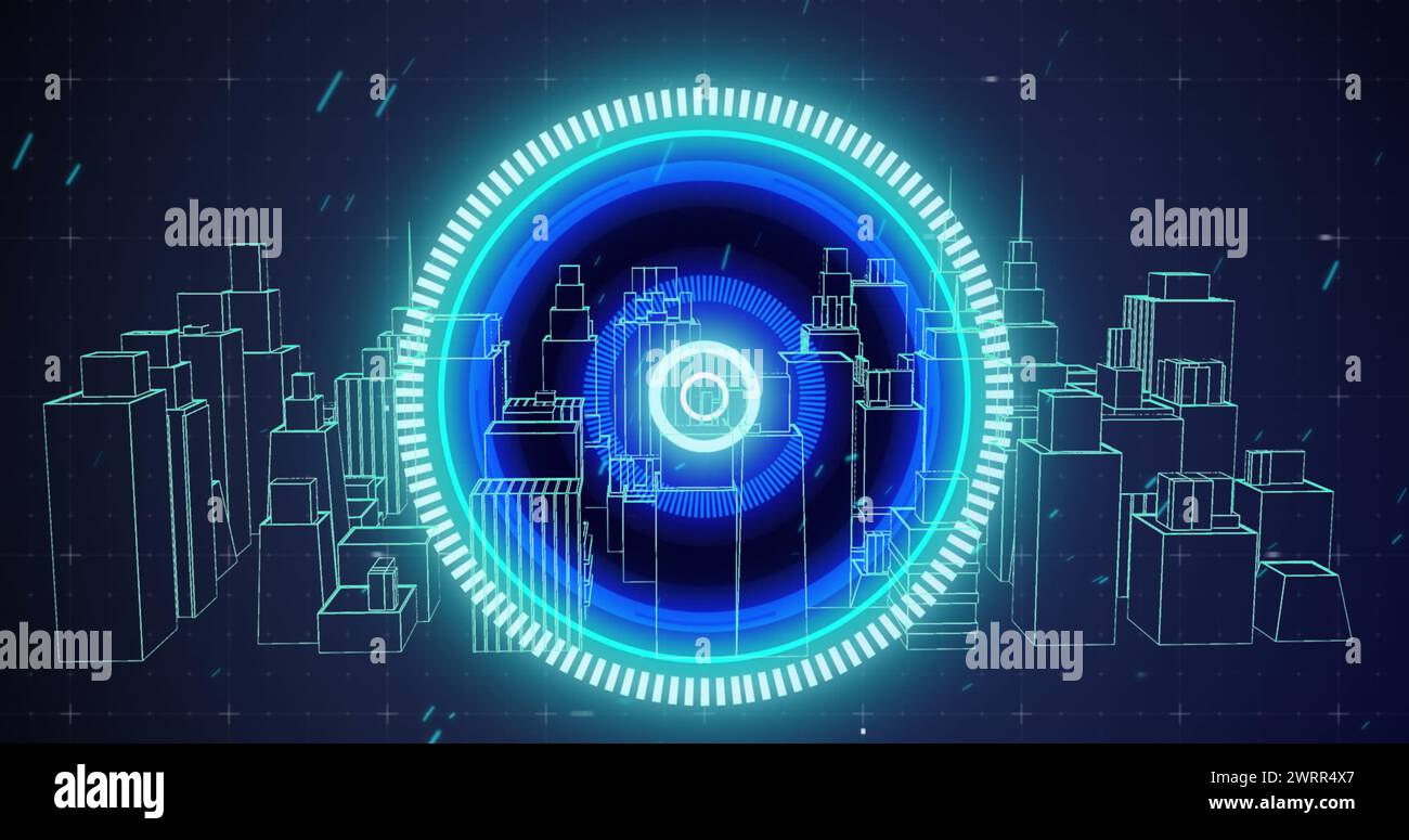 Image de l'oscilloscope scannant au-dessus d'un paysage urbain 3D sur fond bleu Banque D'Images