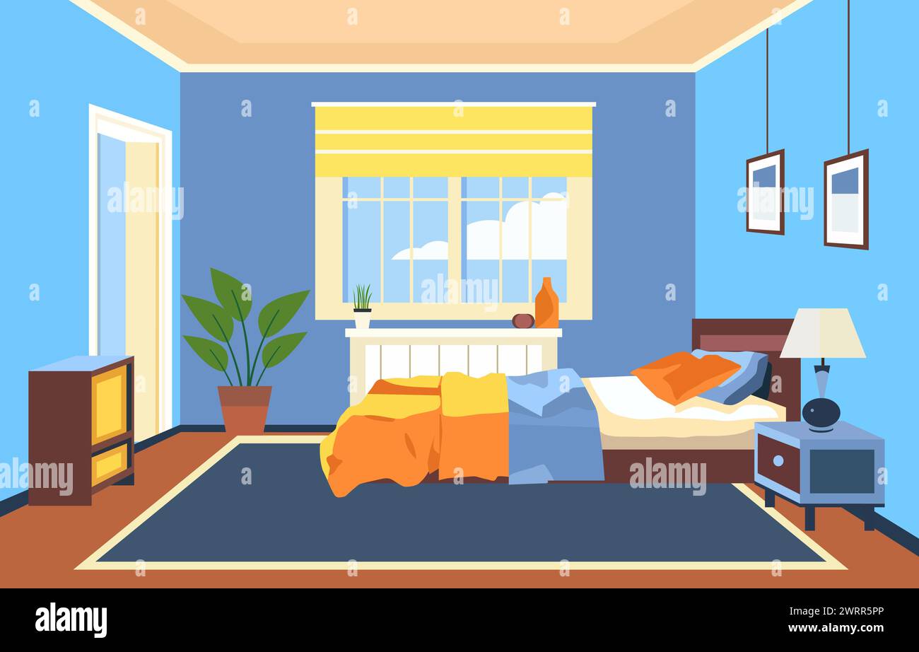 Design plat de l'intérieur de la chambre avec meubles de lit et fenêtre dans la maison Illustration de Vecteur