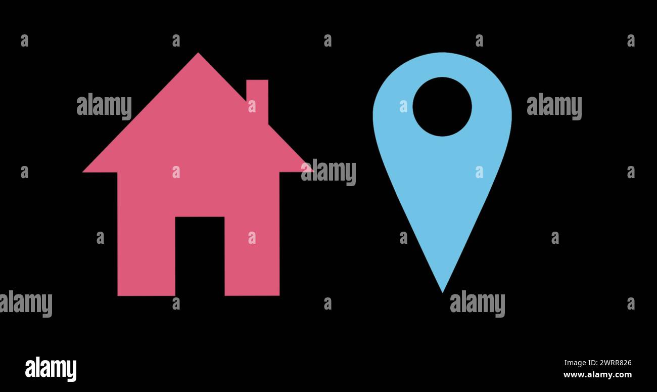 Image de la maison et des formes d'épingles de localisation se remplissant de bleu et rose sur fond noir 4k Banque D'Images