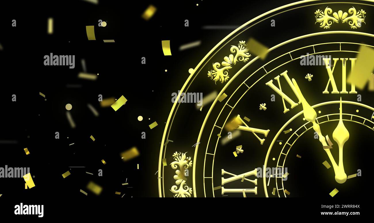 Image de l'horloge montrant minuit, confettis et feux d'artifice explosant sur fond noir Banque D'Images