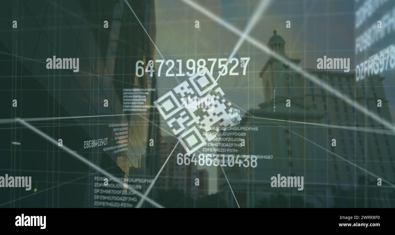 Image du code qr et des chiffres sur Cityscape Banque D'Images