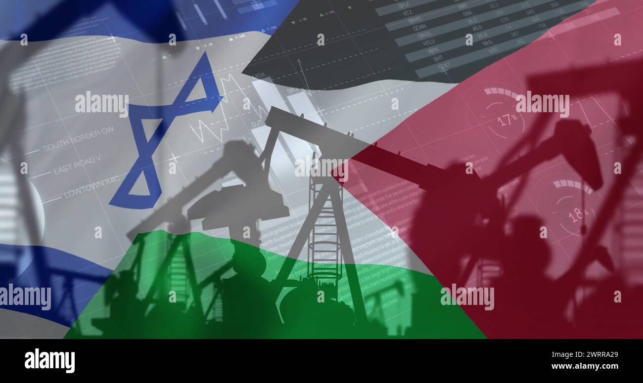 Image de plates-formes pétrolières et de traitement des données financières sur le drapeau de la palestine et d'israël Banque D'Images