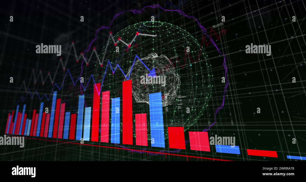 Image du traitement des données financières dans le monde entier sur fond noir Banque D'Images