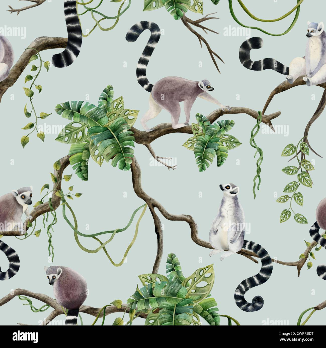 Singes lémuriens sur les arbres de la jungle avec des feuilles tropicales et des vignes aquarelle motif sans couture sur fond vert pastel Banque D'Images