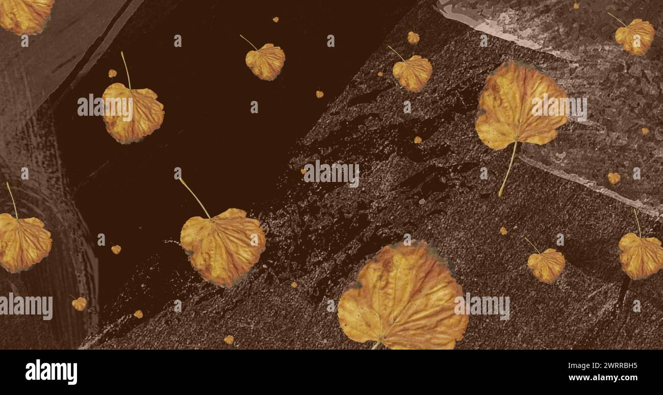 Image de feuilles d'automne brunes tombant sur un motif brun organique en mouvement Banque D'Images