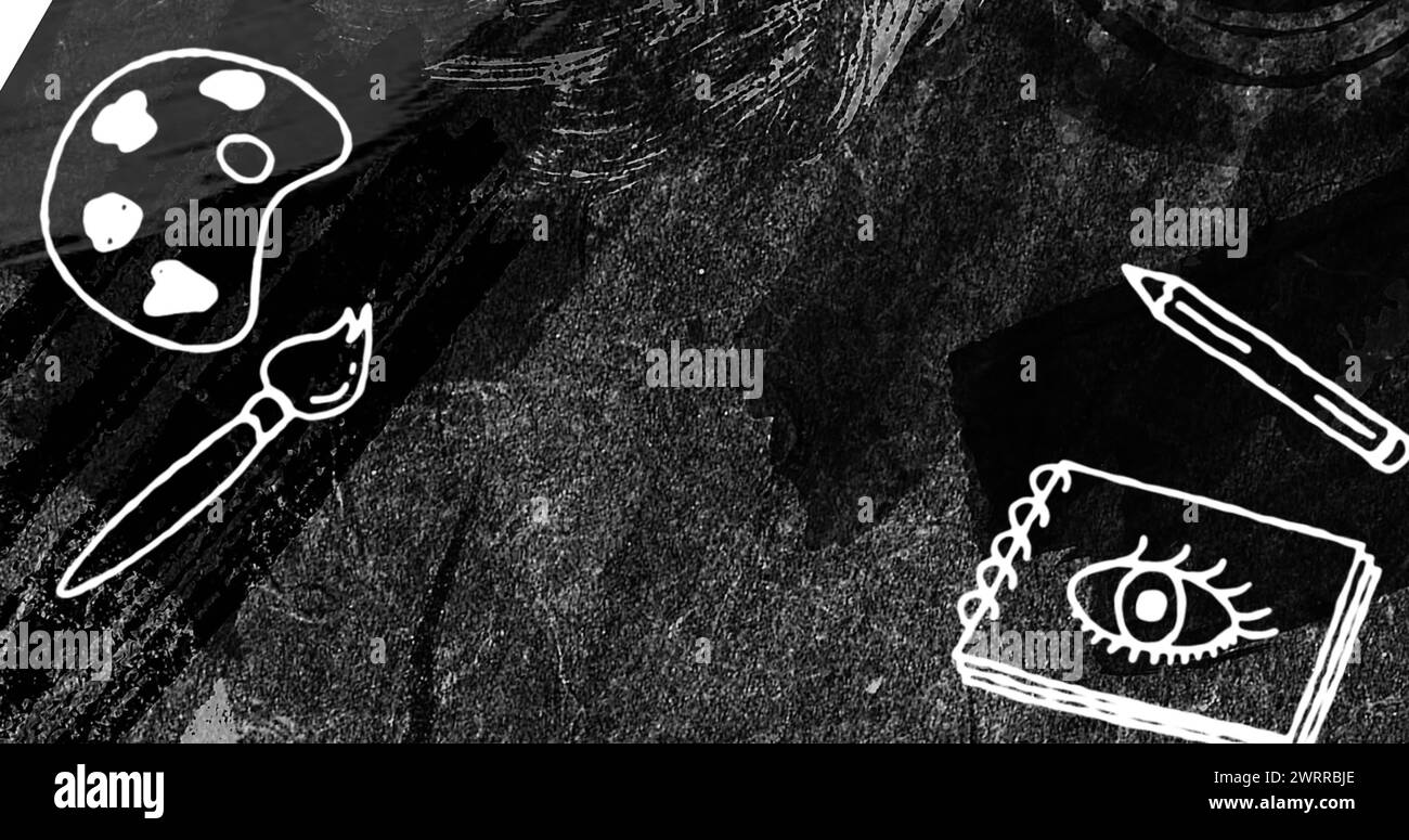 Image d'un pinceau blanc et d'une palette, d'un crayon et d'un bloc-croquis sur une texture grise en mouvement sur noir Banque D'Images