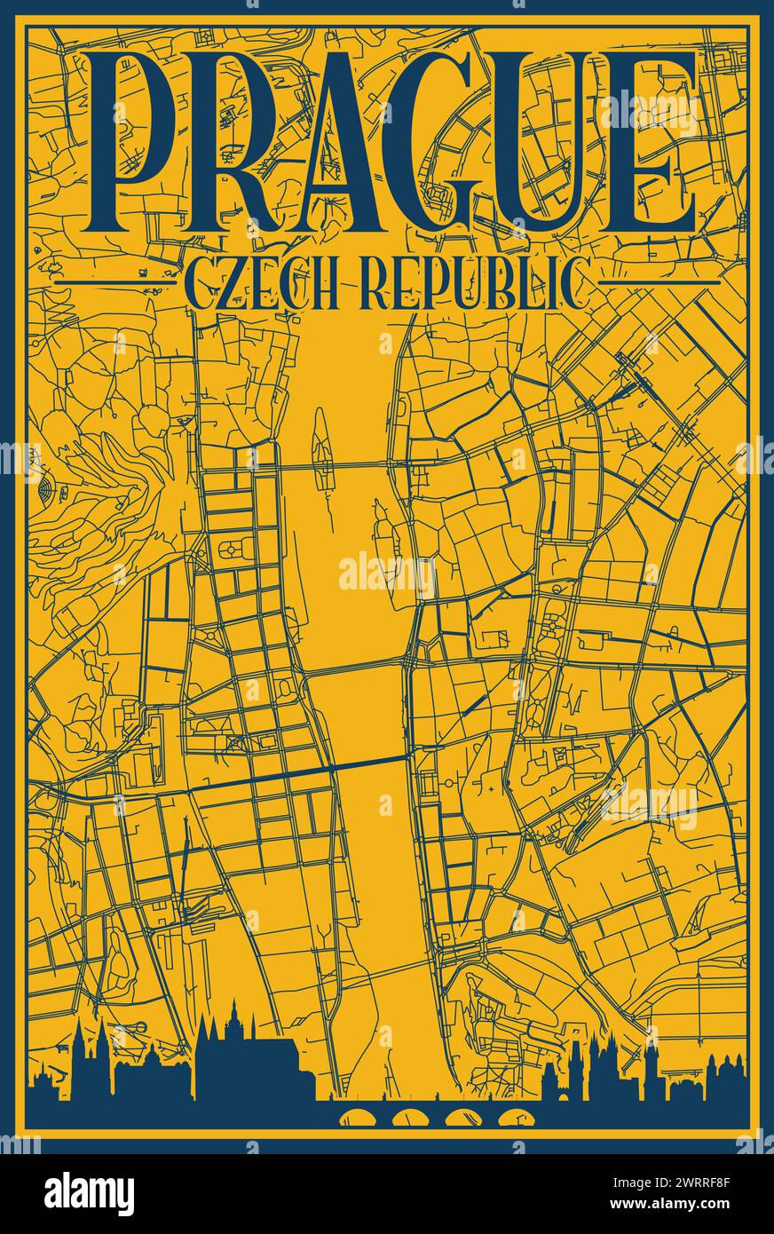 Le réseau routier de la ville dessiné à la main et affiche d'horizon du centre-VILLE DE PRAGUE, RÉPUBLIQUE TCHÈQUE Illustration de Vecteur