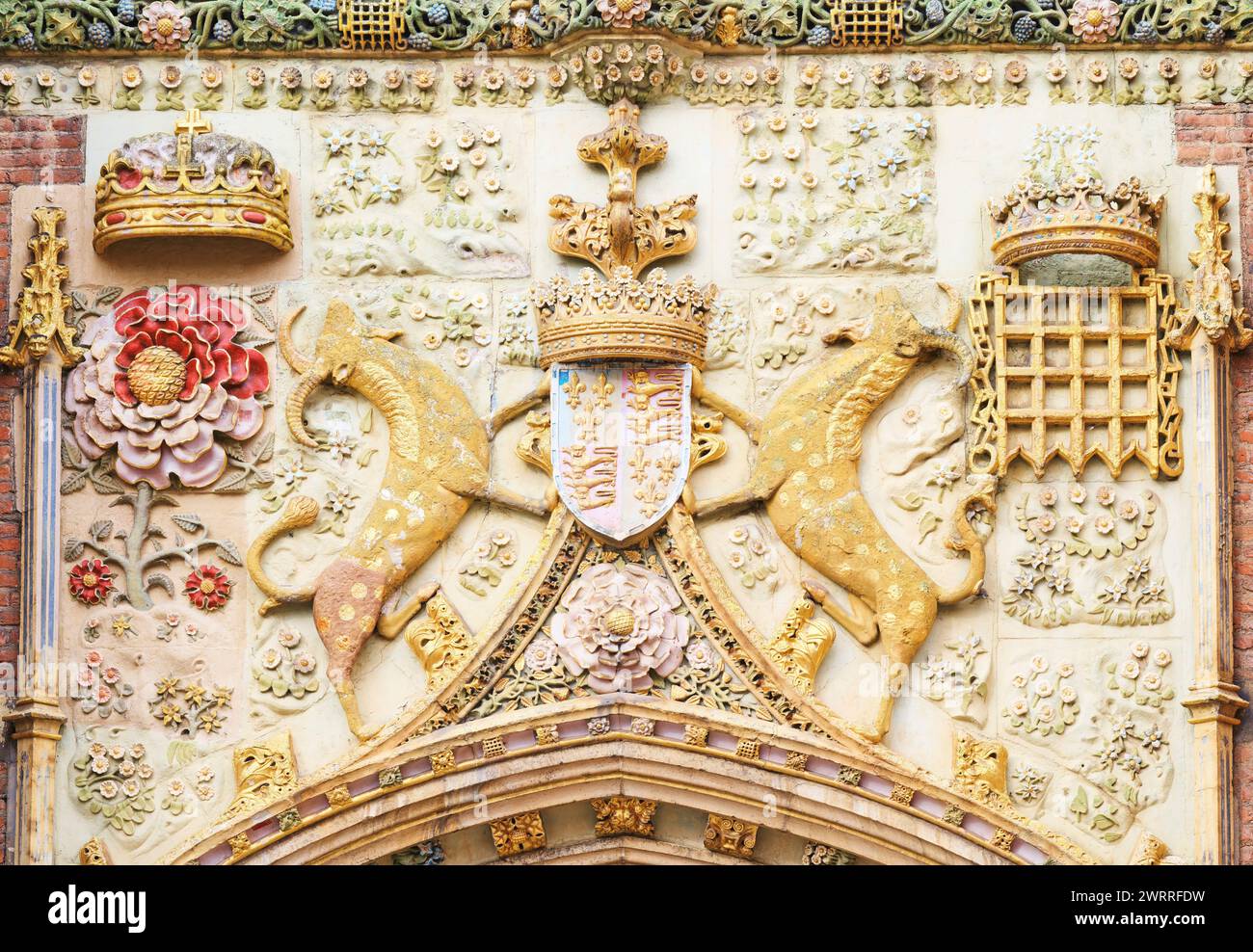 Emblème Tudor au-dessus de l'entrée principale du St John's College, Université de Cambridge, Angleterre, fondé par Margaret Beaufort, mère du roi Henri VII Banque D'Images
