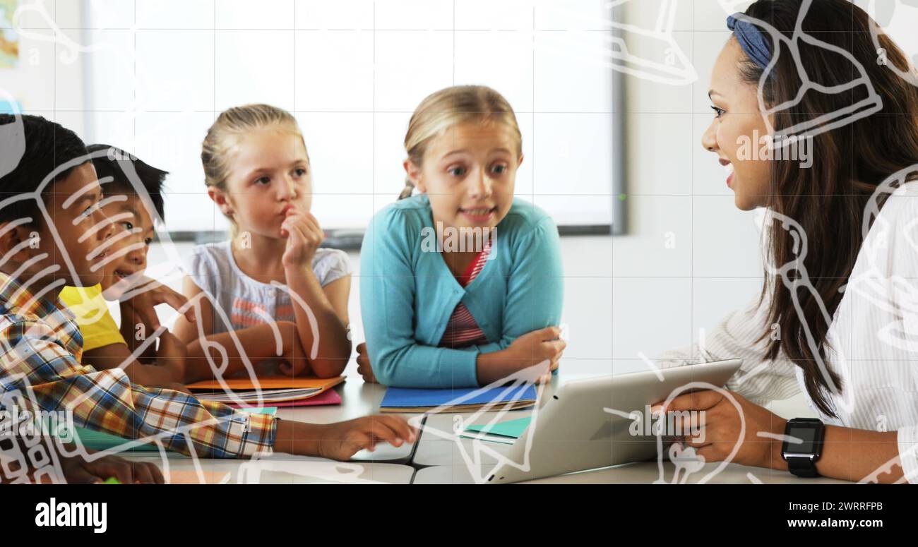 Icônes de concept d'école contre enseignante afro-américaine enseignant un groupe d'élèves à l'école Banque D'Images