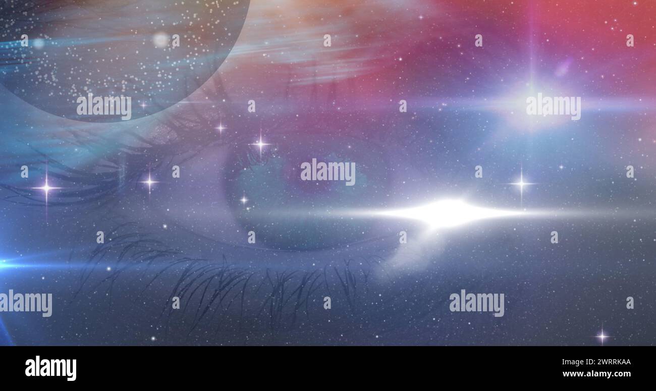 Étoiles brillantes et point lumineux lumineux contre un gros plan de l'œil féminin Banque D'Images