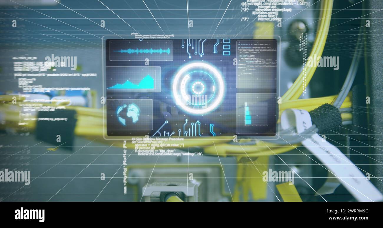 Image de la numérisation de l'oscilloscope et du traitement des données sur les câbles du serveur informatique Banque D'Images