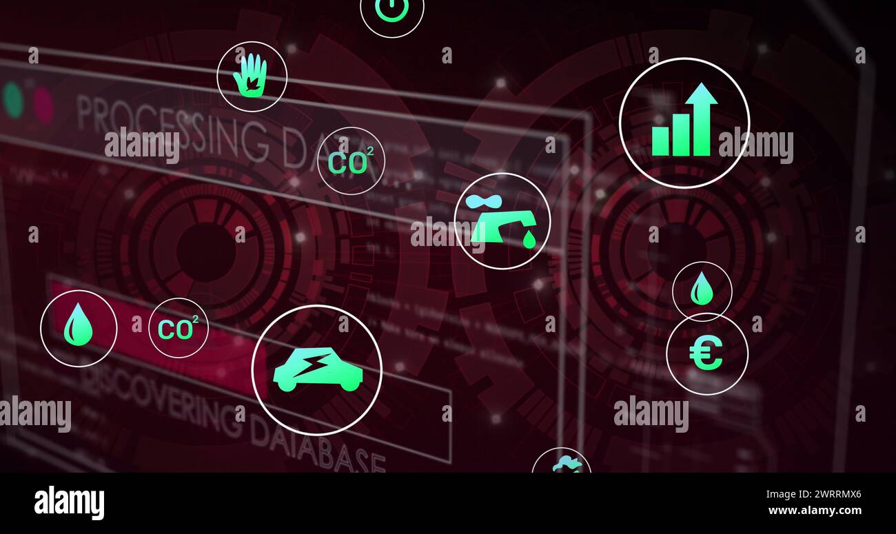 Illustration des icônes de traitement des données et d'écologie sur l'exploration de l'oscilloscope Banque D'Images