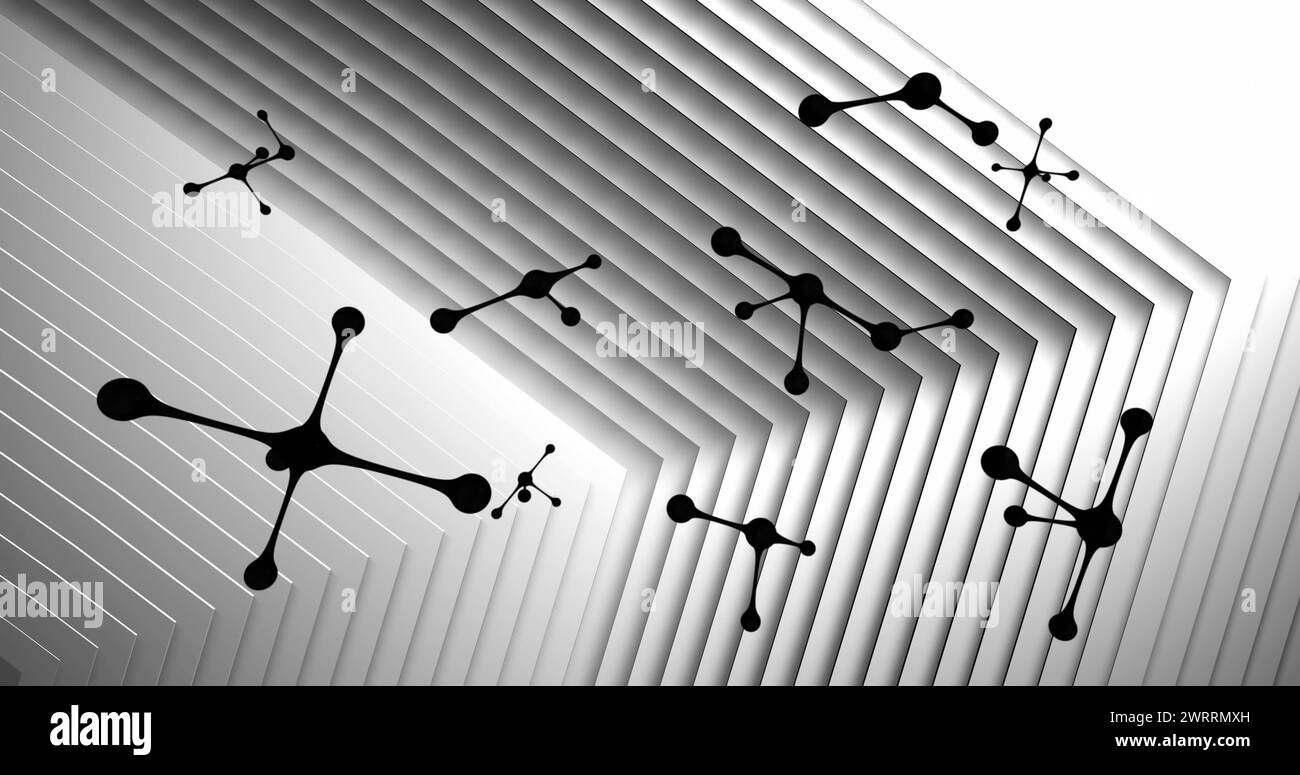 Image de molécules noires tournant sur fond gris Banque D'Images