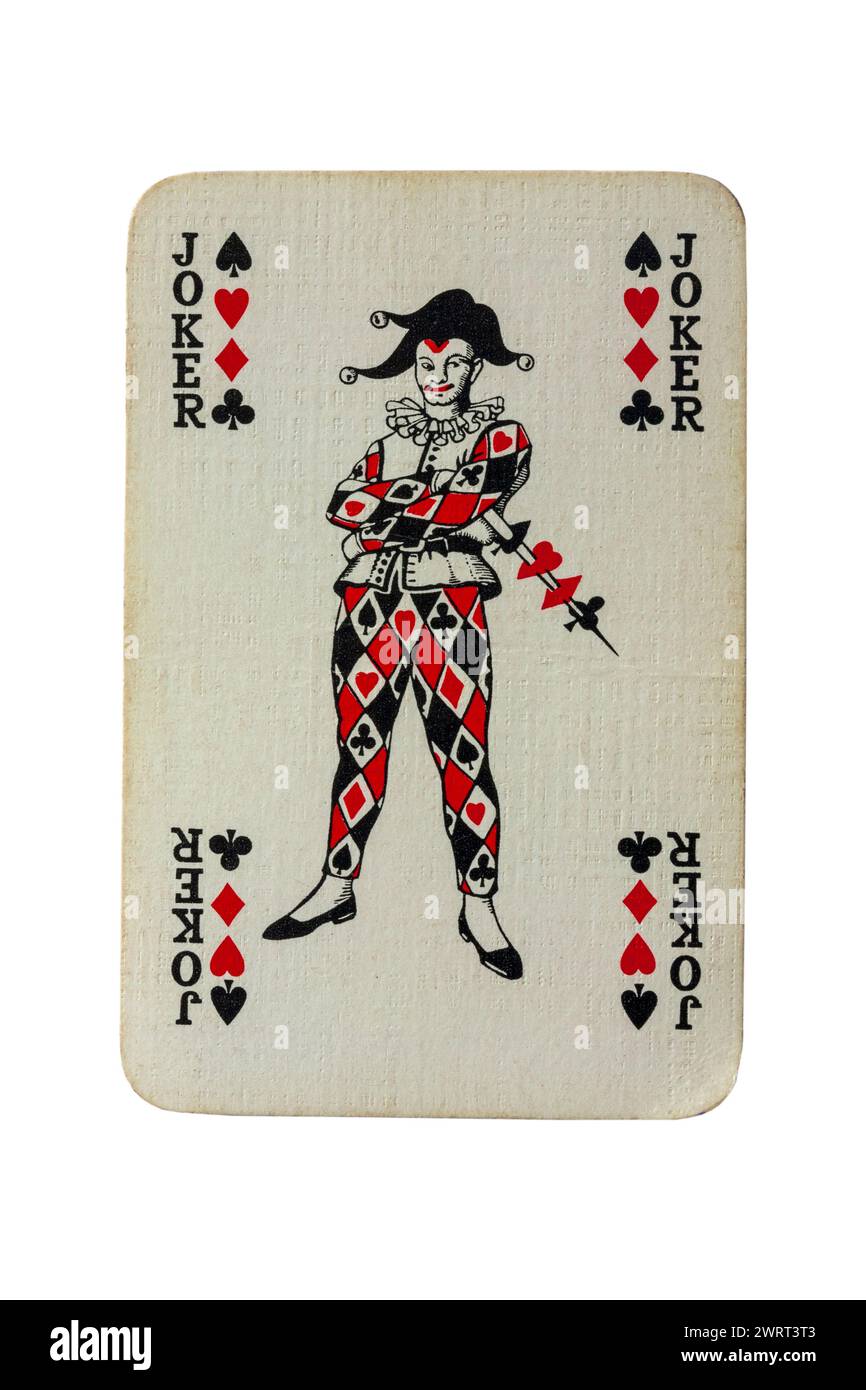 Vintage vieille carte à jouer Joker isolé sur fond blanc Banque D'Images
