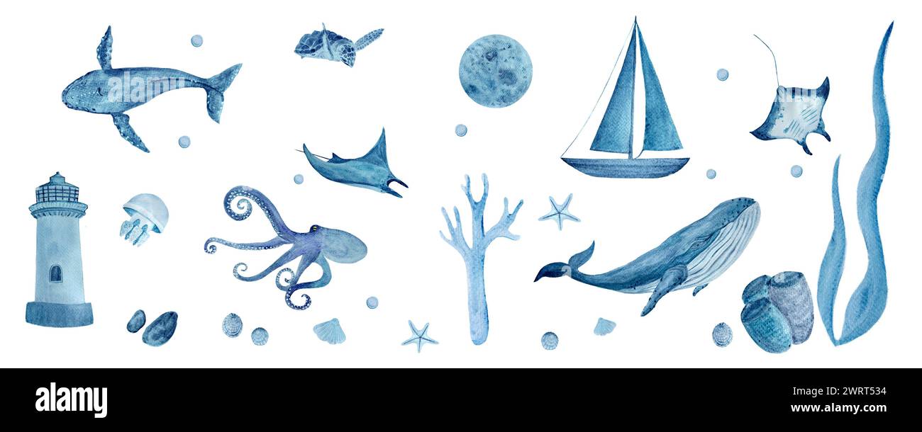 Aquarelle dessinée à la main bordure monochromatique bleue isolée sur blanc. Baleines, raies manta, coquillages, étoiles de mer, méduses et poulpe Banque D'Images