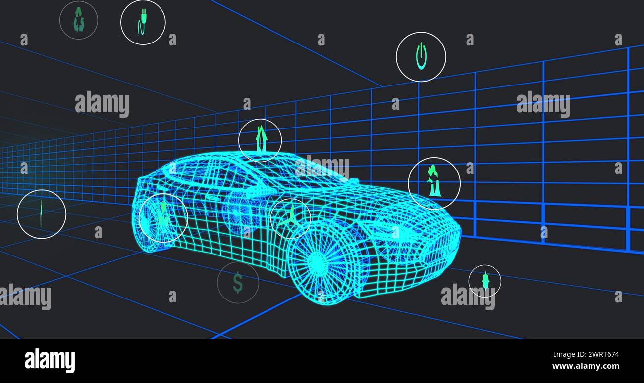 Image de plusieurs icônes numériques sur un modèle de voiture 3D se déplaçant en continu dans un tunnel Banque D'Images