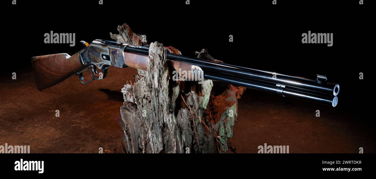 Rétro-éclairage orange sur un fusil à levier de style West ancien avec une crosse en bois et du métal bleui sur une bûche morte. Banque D'Images