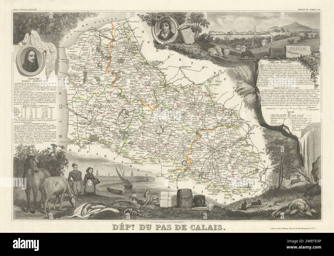 Département du pas-DE-CALAIS. Carte décorative ancienne. LEVASSEUR 1856 Banque D'Images