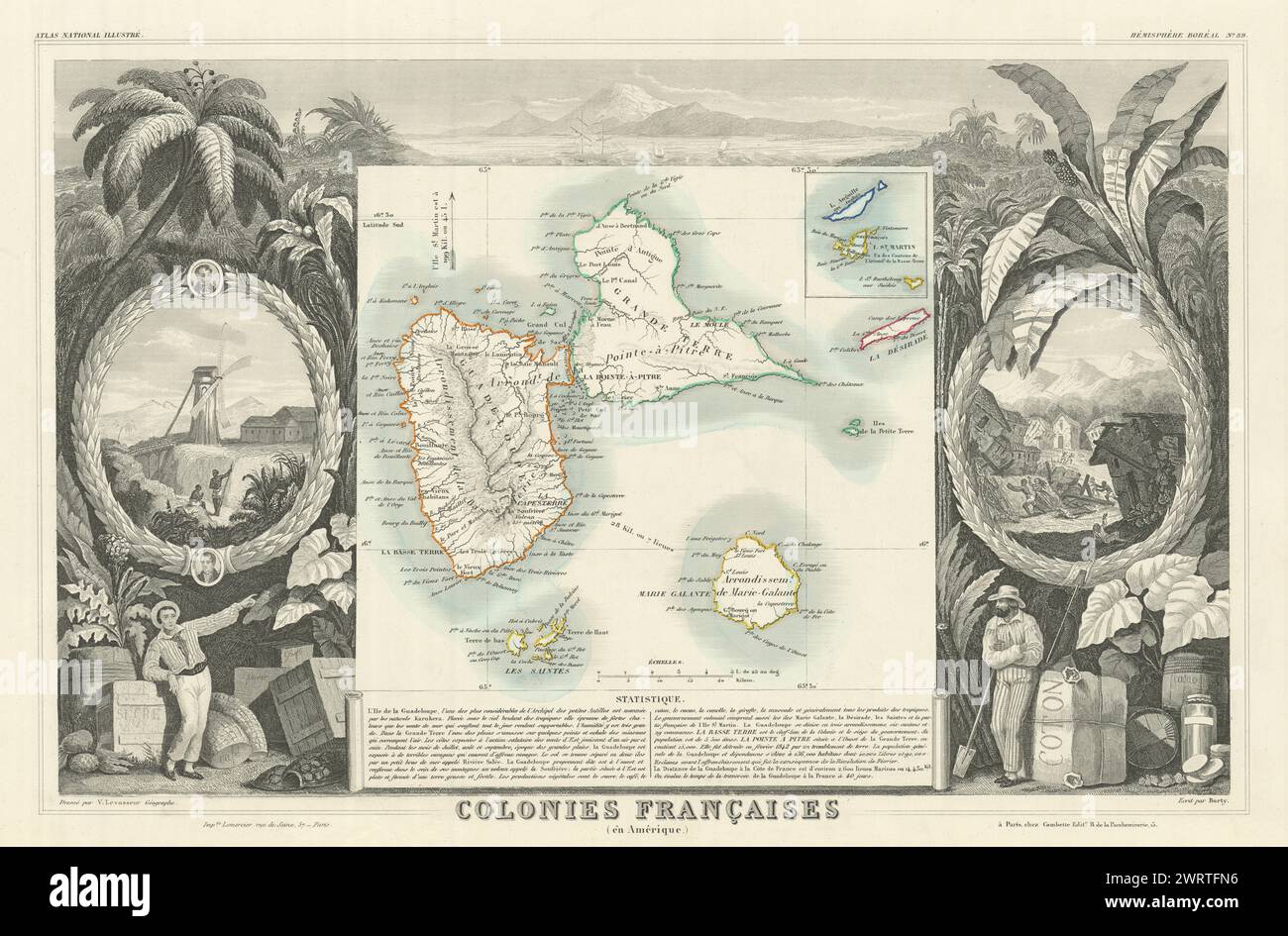 COLONIES FRANÇAISES EN AMÉRIQUE. Caraïbes Guadeloupe. LEVASSEUR 1856 carte ancienne Banque D'Images