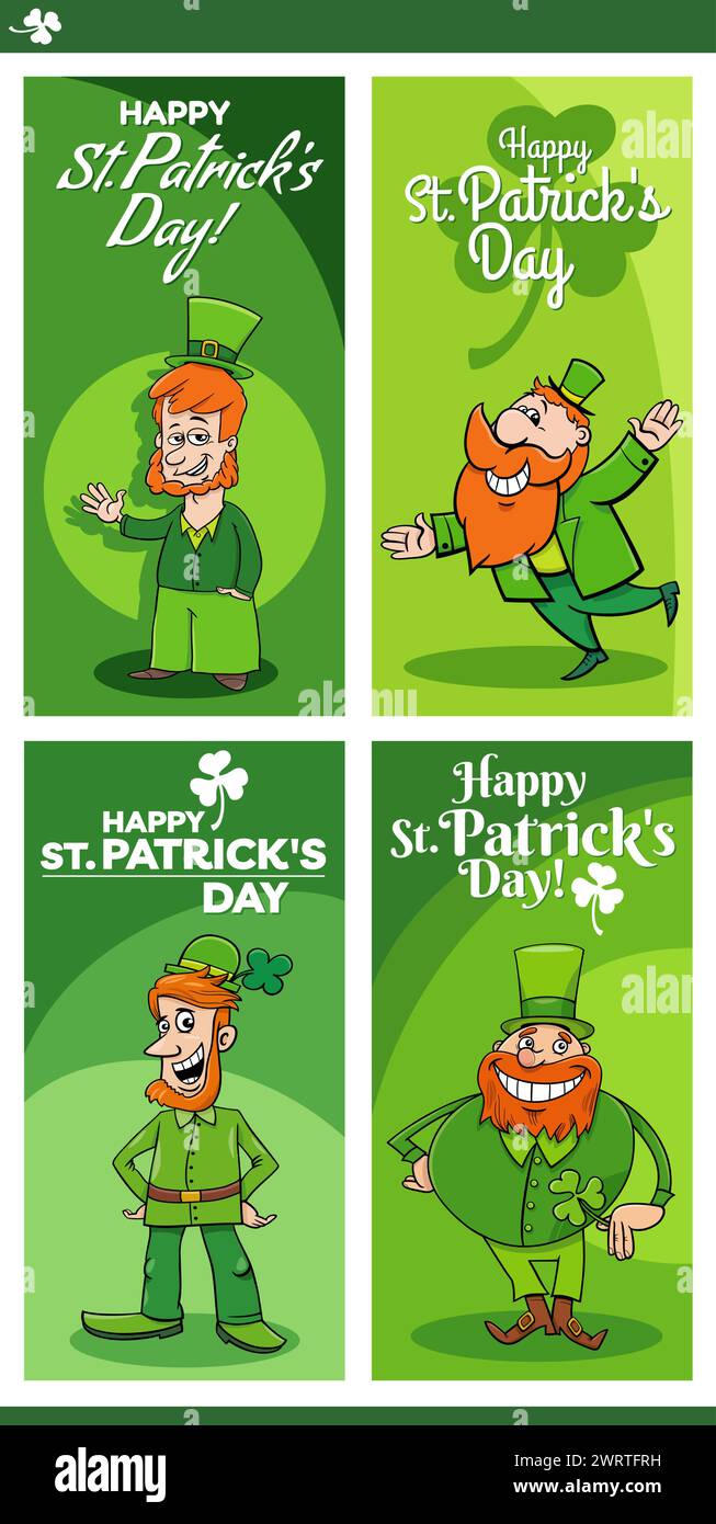 Illustration de dessin animé de la Saint Patrick Day cartes de voeux ensemble de conception avec des personnages Leprechaun Illustration de Vecteur