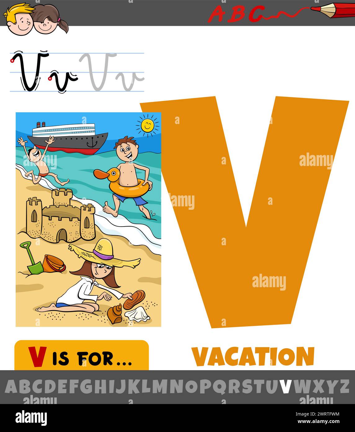 Illustration éducative de dessin animé de la lettre V de l'alphabet avec mot de vacances Illustration de Vecteur