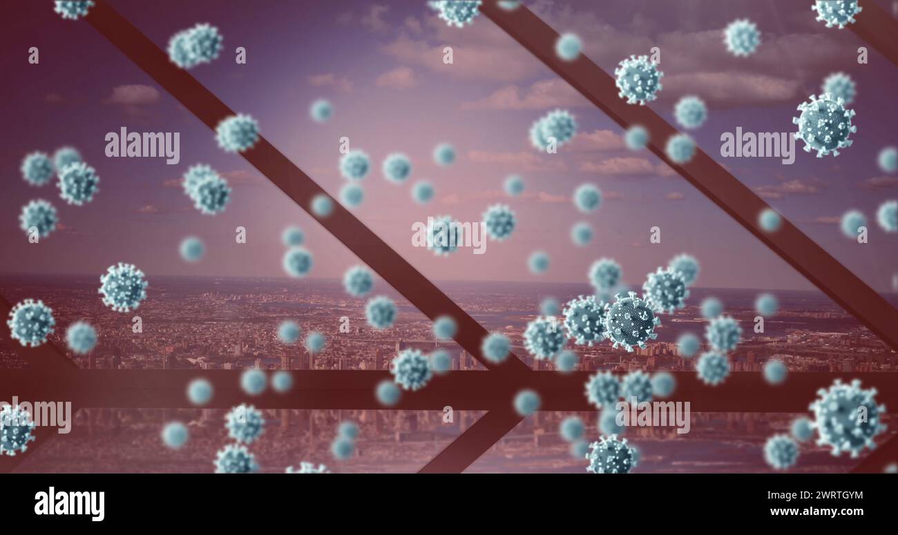 Image de cellules covid 19 flottant au-dessus du paysage urbain vu à travers la fenêtre en arrière-plan Banque D'Images