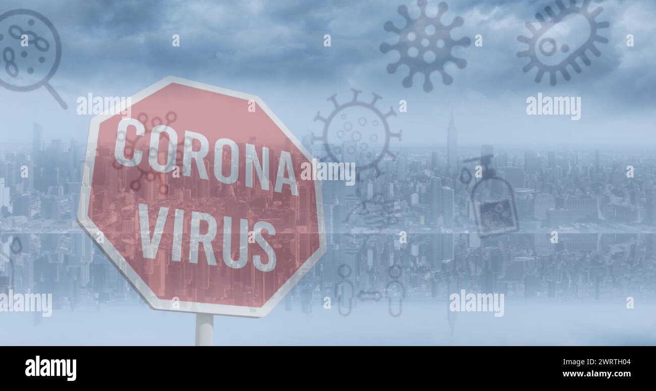 Image de covid 19 icônes flottant sur le texte du virus corona sur le panneau stop et le paysage urbain Banque D'Images